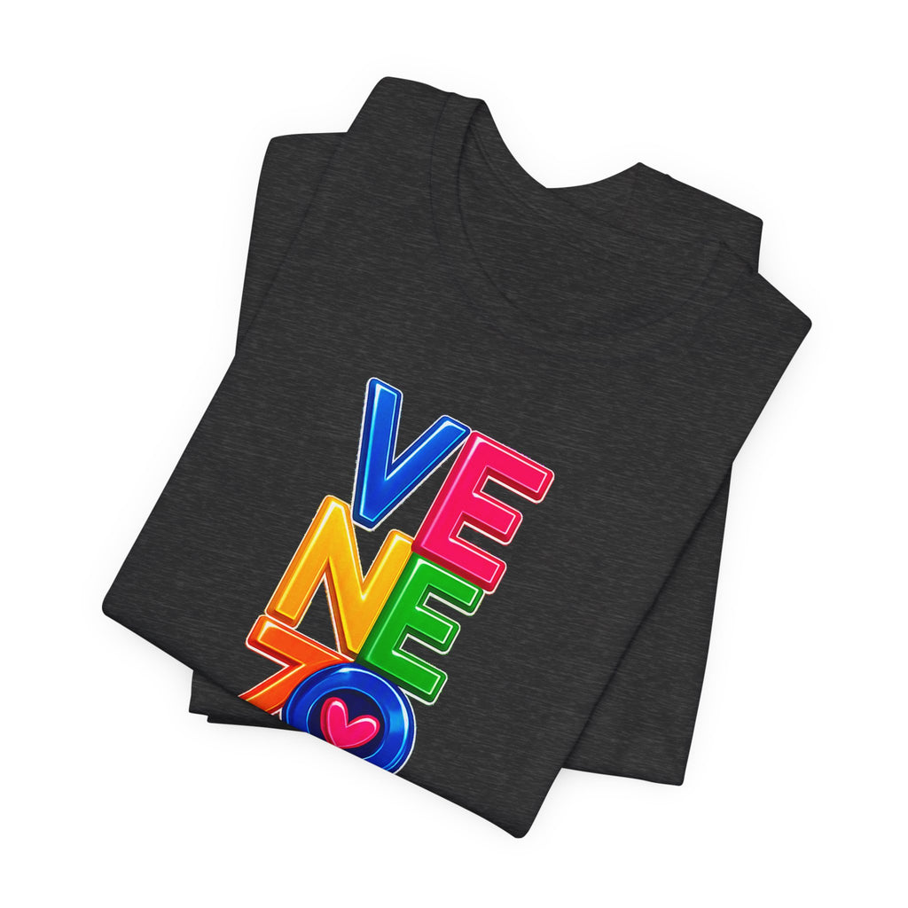 Venezolana Pride Tee — Colorful Stacked Letter Graphic T-Shirt