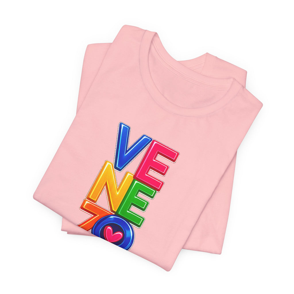 Venezolana Pride Tee — Colorful Stacked Letter Graphic T-Shirt