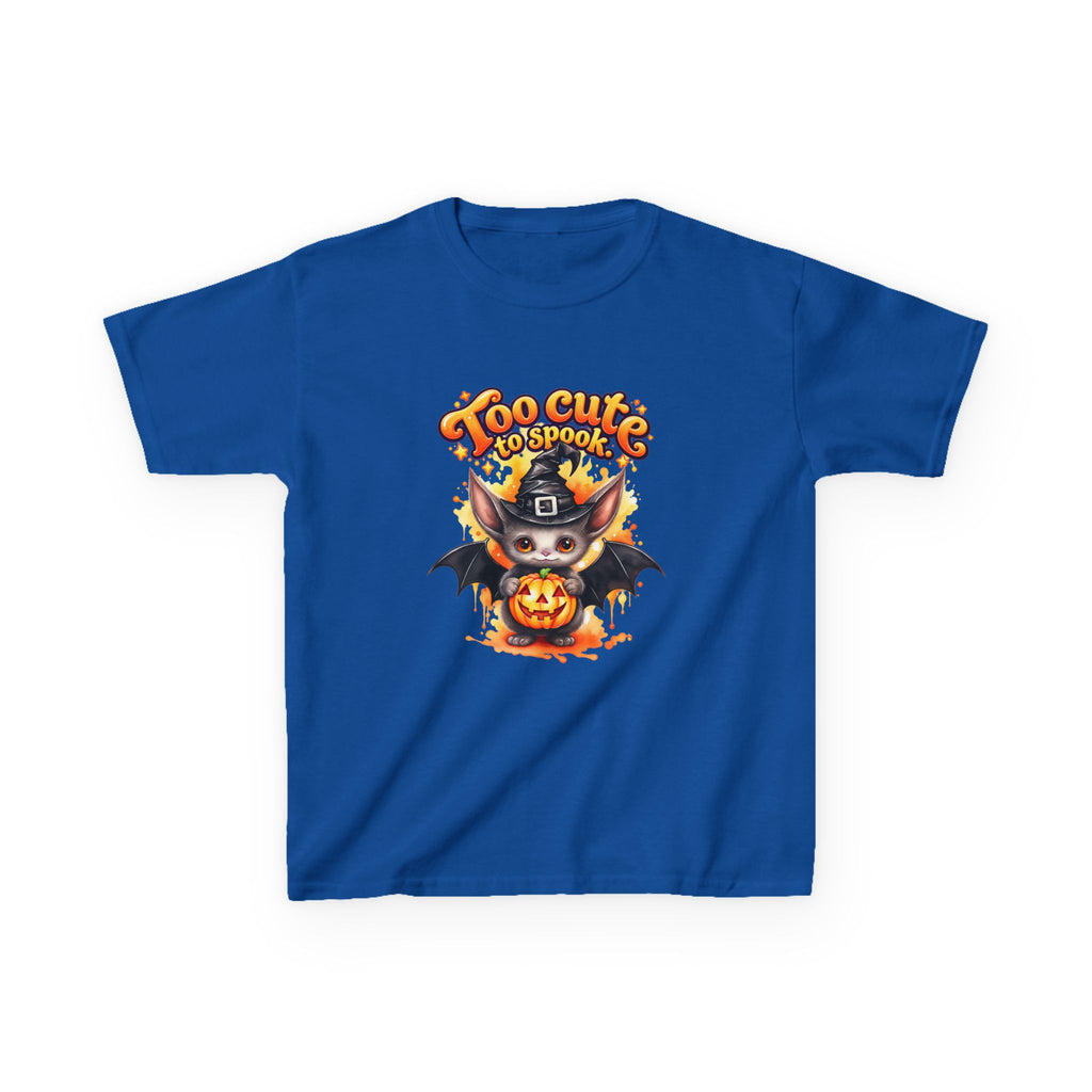 Camiseta infantil de Halloween — Diseño de murciélago y calabaza "Too Cute to Spook"