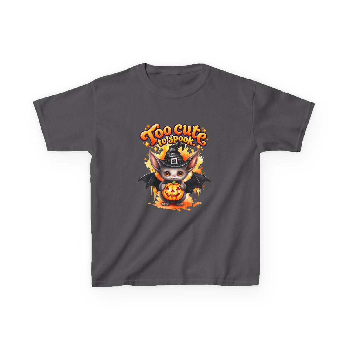Camiseta de Halloween para niños con murciélago y calabaza "Too Cute to Spook"