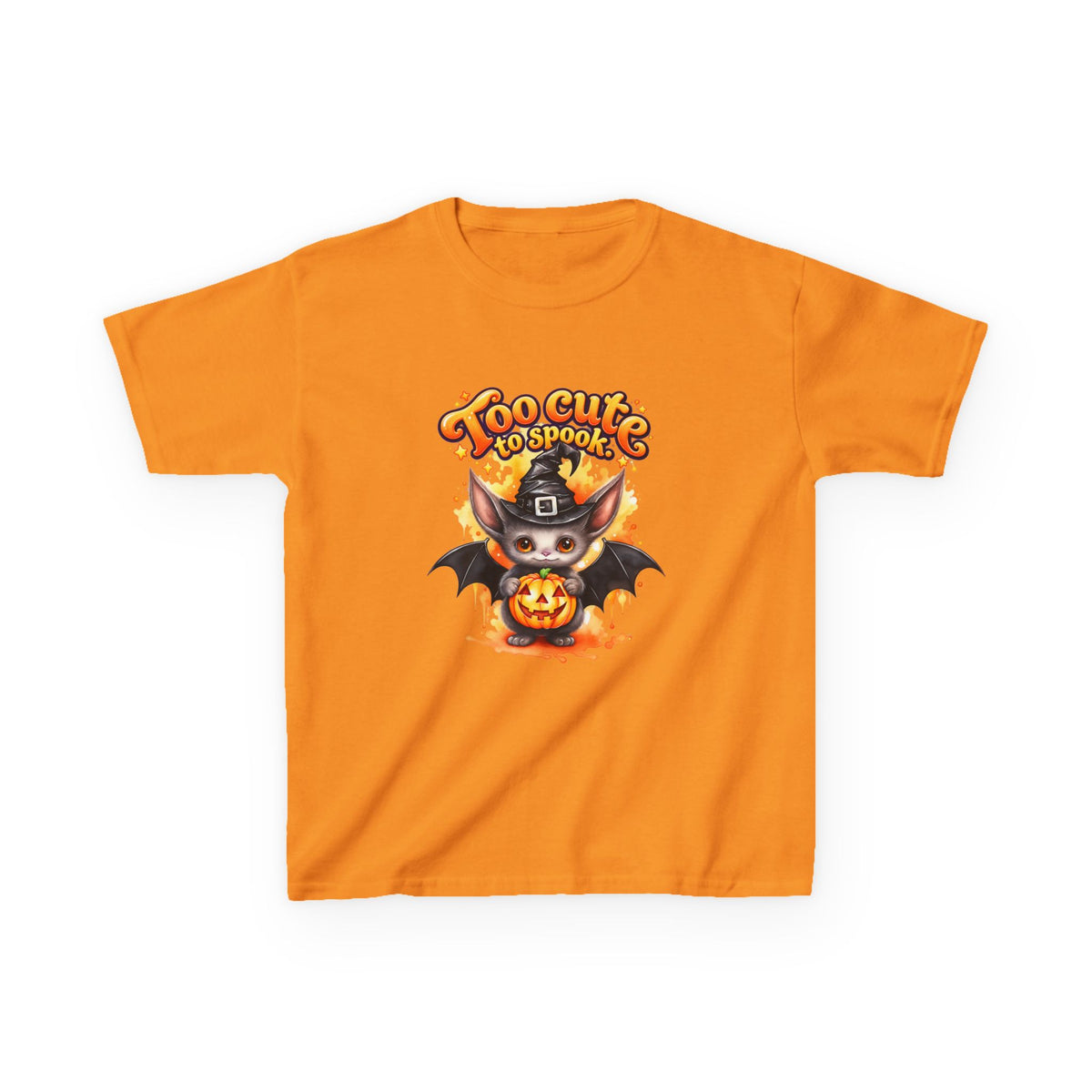 Camiseta de Halloween para niños con murciélago y calabaza "Too Cute to Spook"