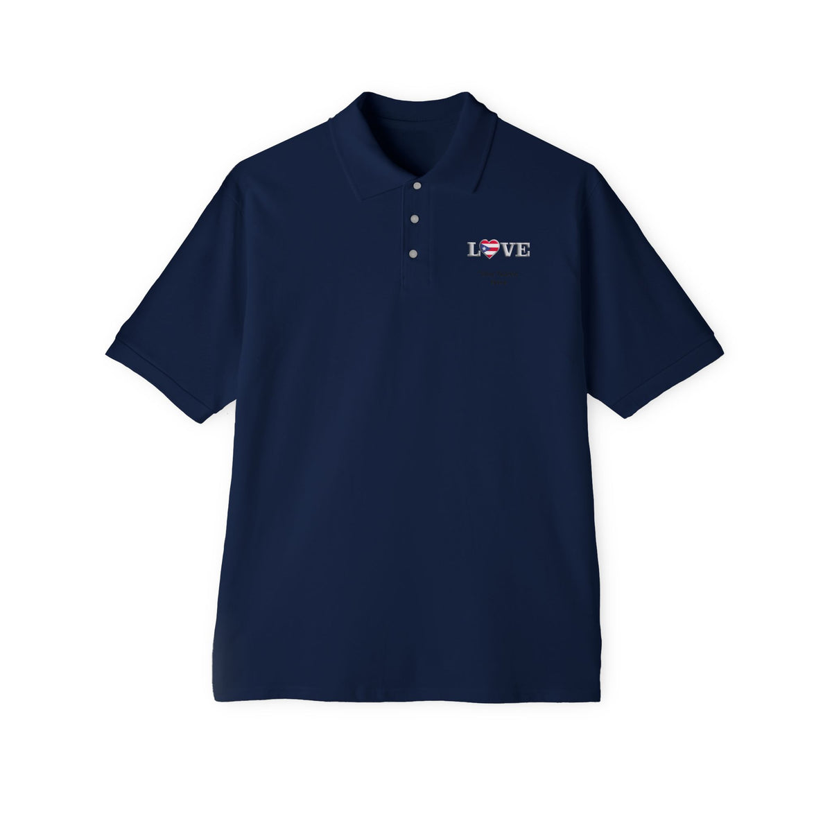 Men's Piqué Polo Shirt— Small Chest 'LOVE' Heart Graphic Polo Shirt