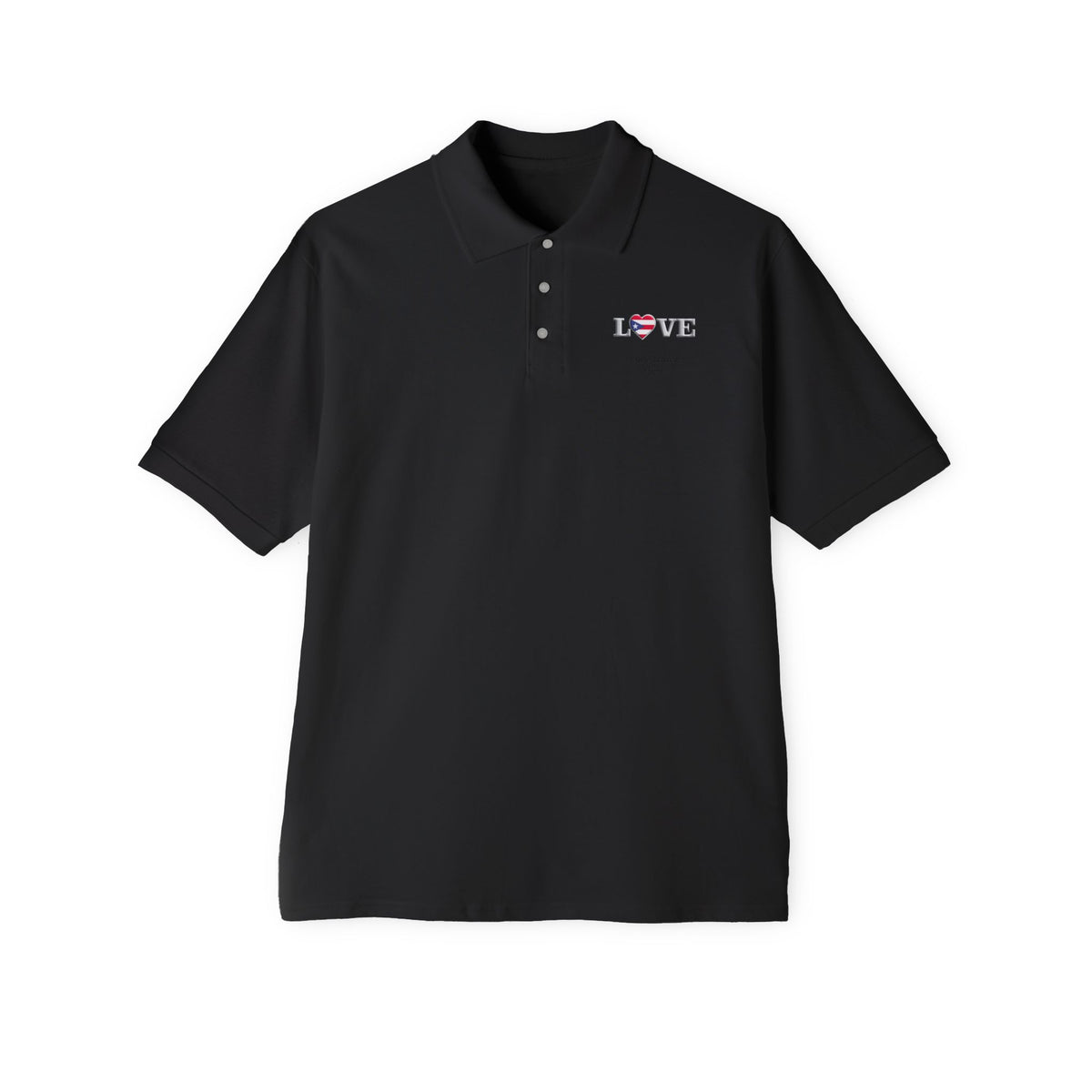 Men's Piqué Polo Shirt— Small Chest 'LOVE' Heart Graphic Polo Shirt