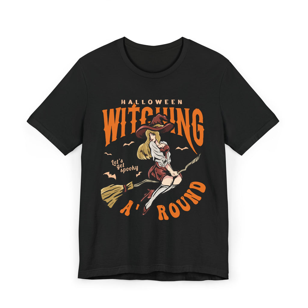 Witching Around Halloween T‑Shirt — Vintage Pinup Witch on Broom
