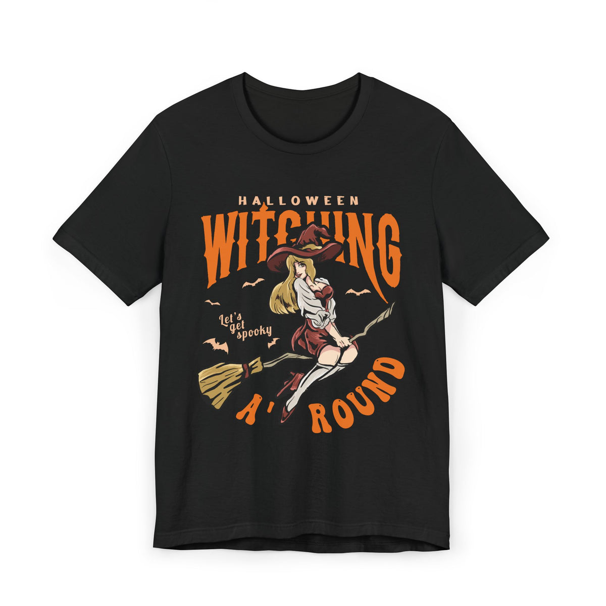 Witching Around Halloween T‑Shirt — Vintage Pinup Witch on Broom