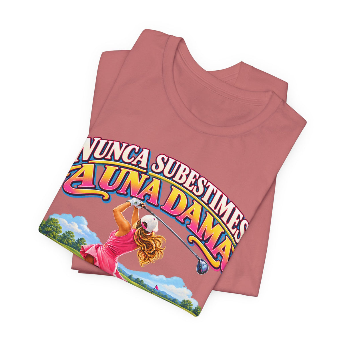 Camiseta de golf — "Nunca subestimes a una dama que juega al golf" Camiseta de golf colorida para mujer