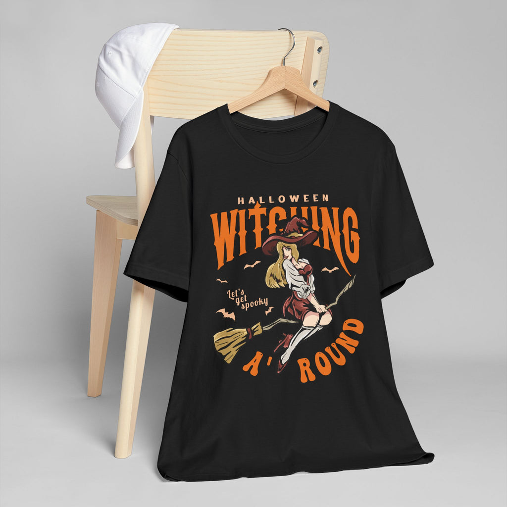Witching Around Halloween T‑Shirt — Vintage Pinup Witch on Broom