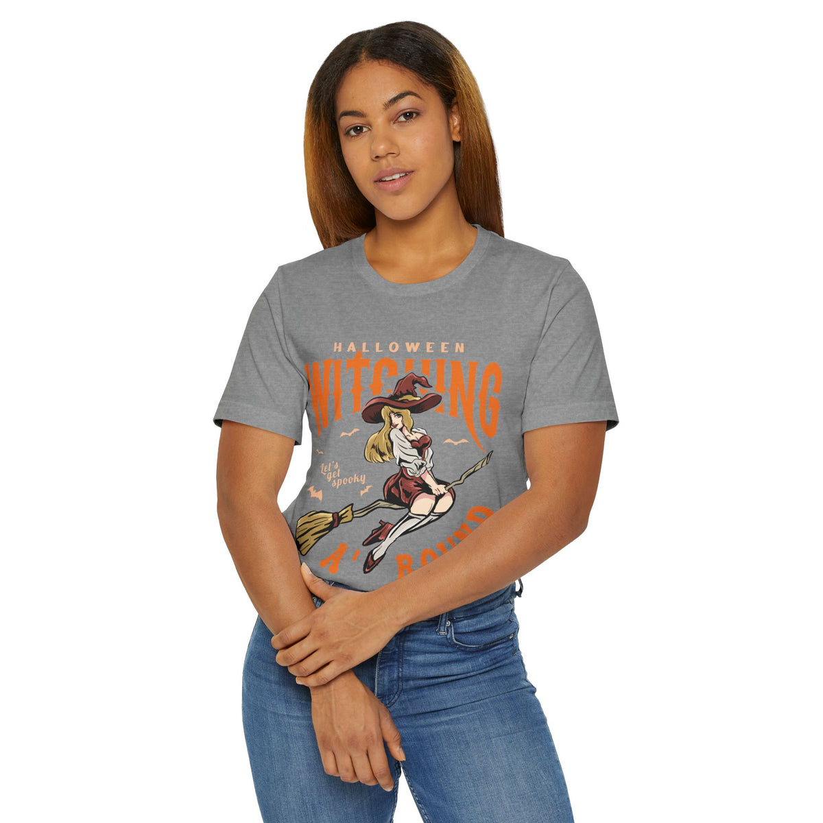 Witching Around Halloween T‑Shirt — Vintage Pinup Witch on Broom