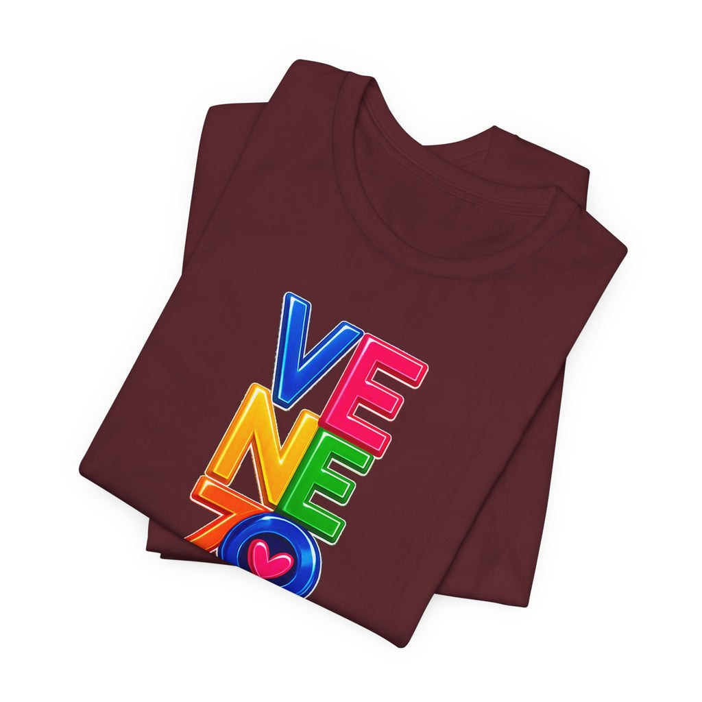 Venezolana Pride Tee — Colorful Stacked Letter Graphic T-Shirt