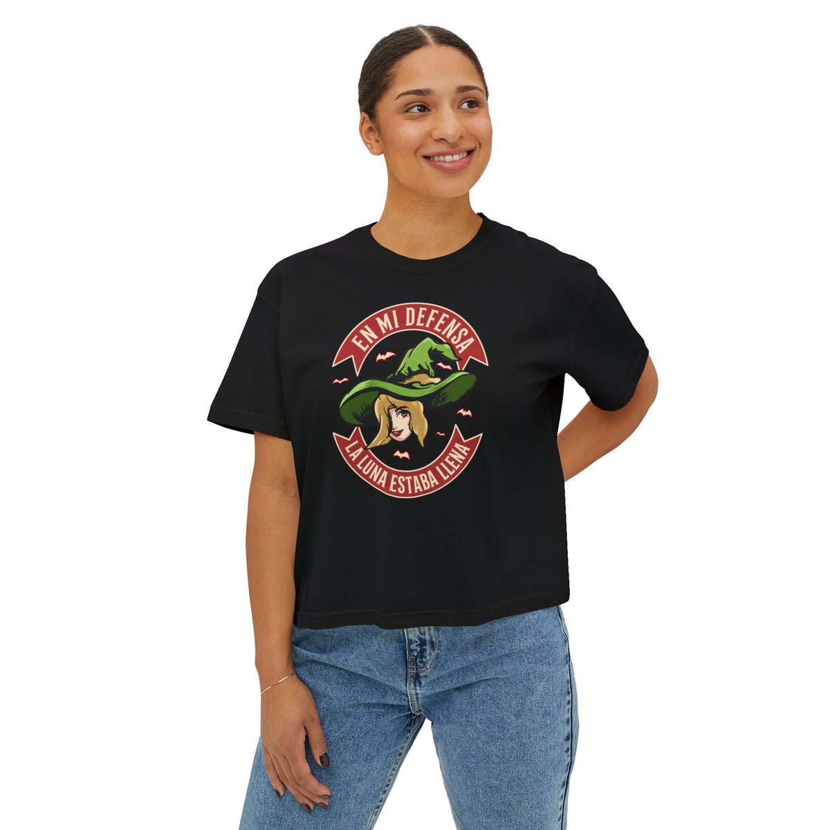 Women's Boxy Tee — "En Mi Defensa La Luna Estaba Lejana" Retro Cowgirl Graphic