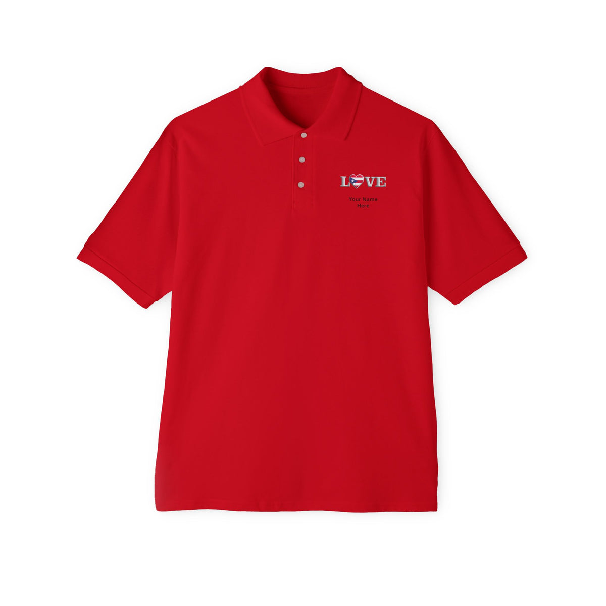 Men's Piqué Polo Shirt— Small Chest 'LOVE' Heart Graphic Polo Shirt