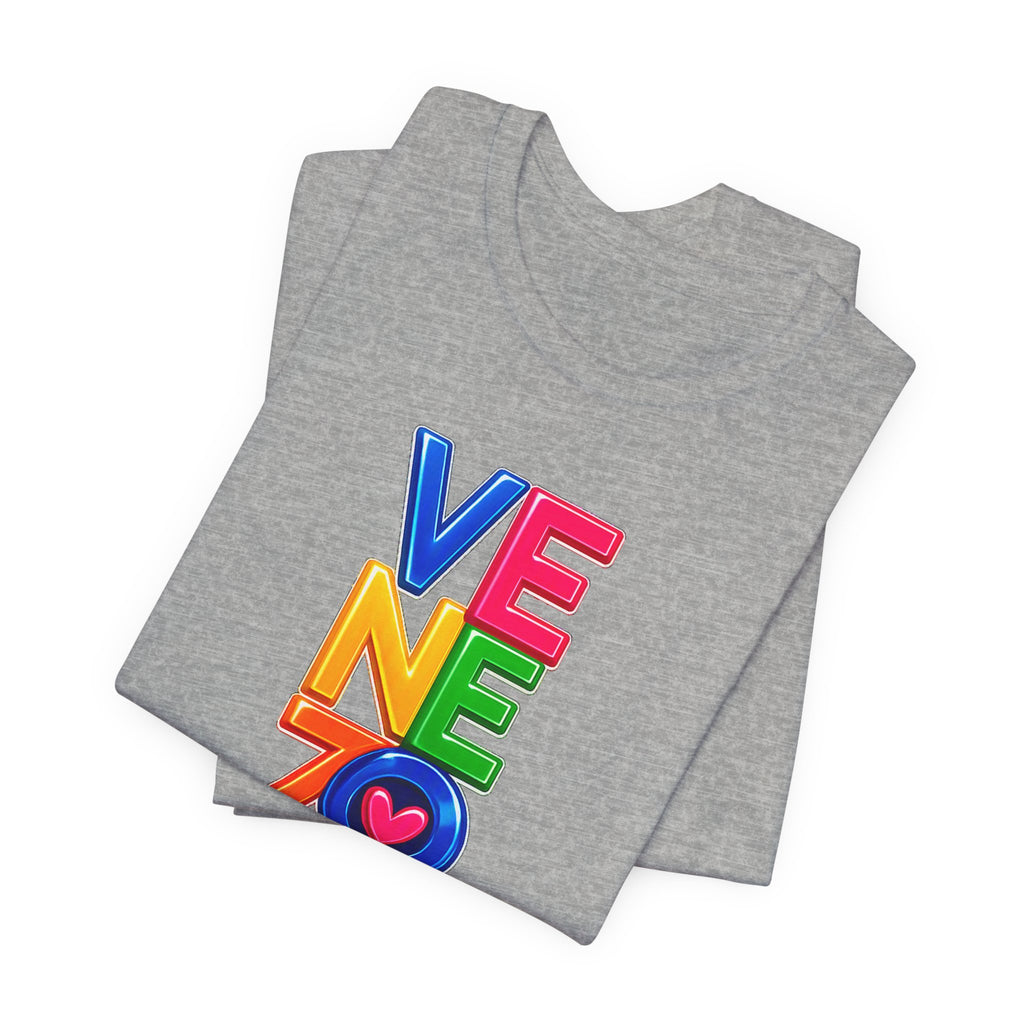 Venezolana Pride Tee — Colorful Stacked Letter Graphic T-Shirt