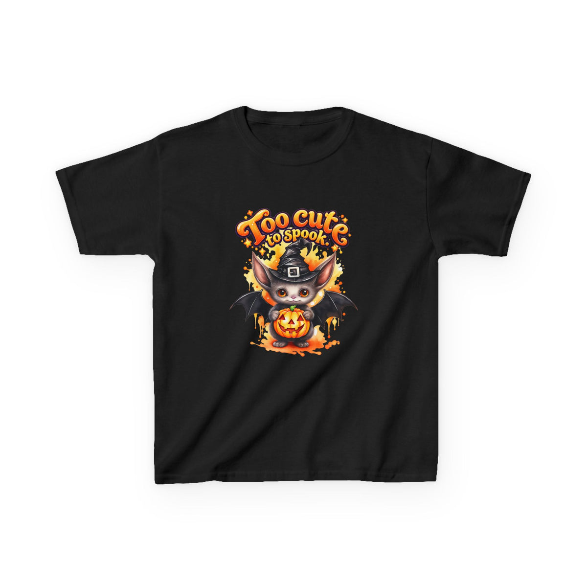 Camiseta de Halloween para niños con murciélago y calabaza "Too Cute to Spook"