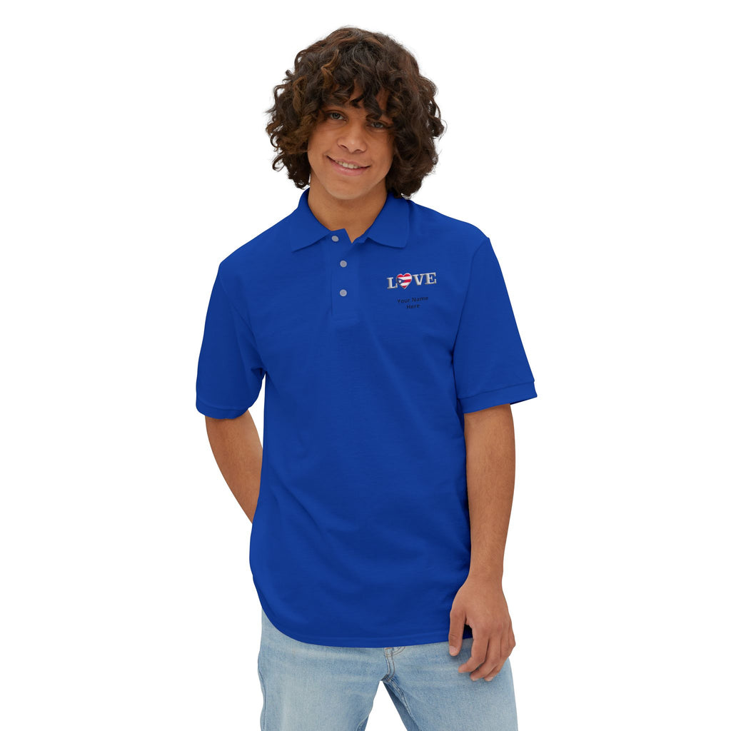 Men's Piqué Polo Shirt— Small Chest 'LOVE' Heart Graphic Polo Shirt