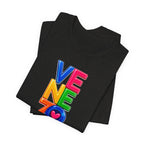 Venezolana Pride Tee — Colorful Stacked Letter Graphic T-Shirt