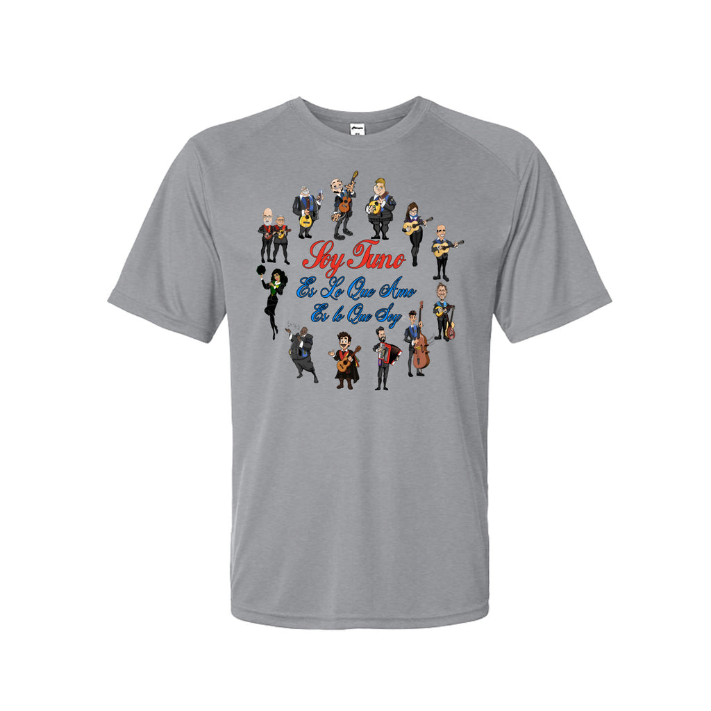 A heather gray short-sleeve t-shirt with a colorful graphic print of cartoon band members and the text 'Sky Tins' and 'El Sol De Amor Es tu Sol' on the chest, shown against a plain white background.