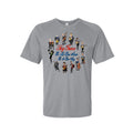 A heather gray short-sleeve t-shirt with a colorful graphic print of cartoon band members and the text 'Sky Tins' and 'El Sol De Amor Es tu Sol' on the chest, shown against a plain white background.