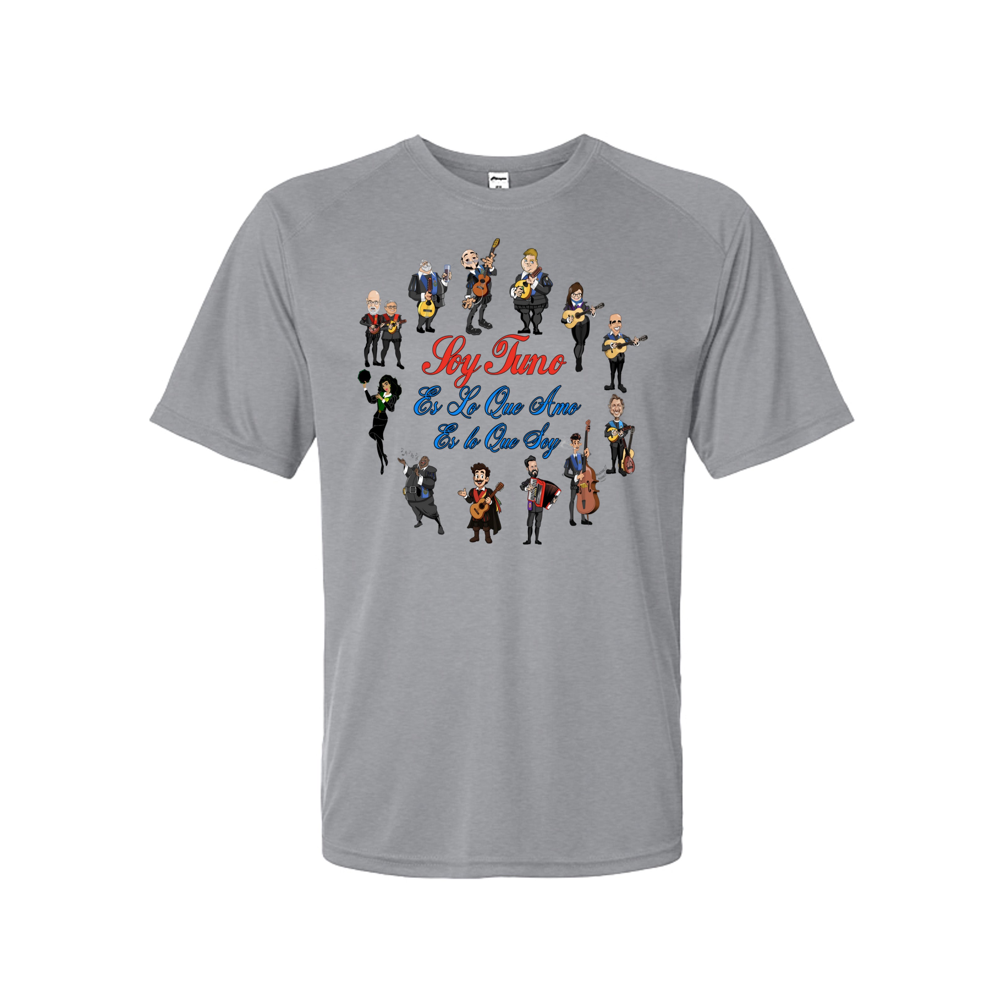 A heather gray short-sleeve t-shirt with a colorful graphic print of cartoon band members and the text 'Sky Tins' and 'El Sol De Amor Es tu Sol' on the chest, shown against a plain white background.