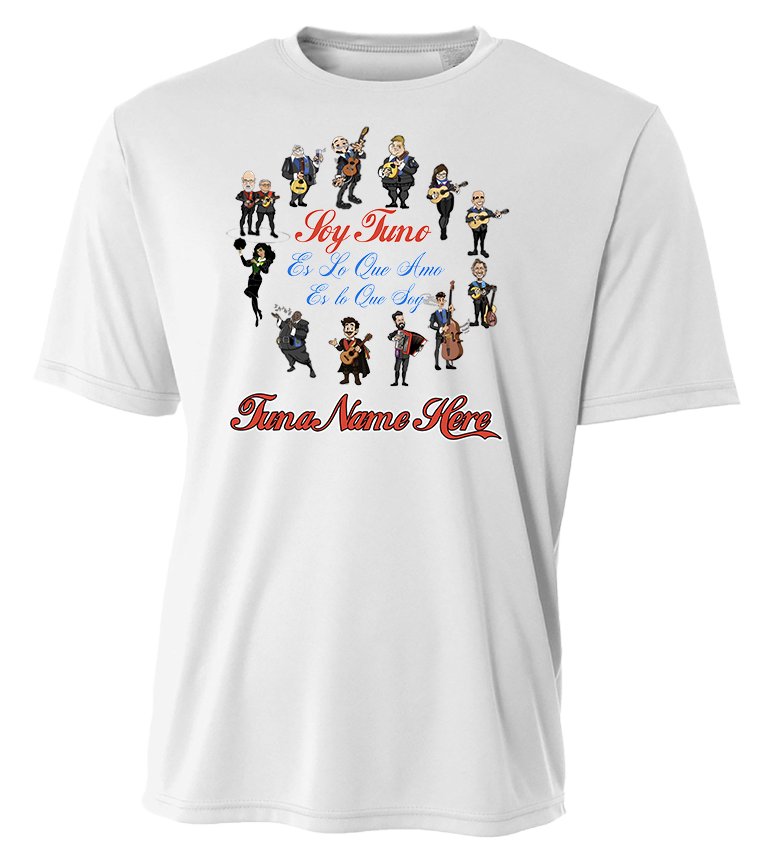 A white short-sleeve crewneck t-shirt featuring a colorful graphic print of cartoon musicians and the text 'Joy Time' and 'Tune Name Here' on the front, displayed against a solid white background.