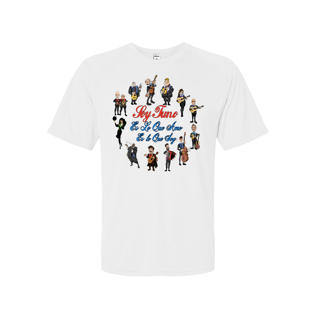 A white short-sleeve crewneck t-shirt featuring a colorful graphic print of cartoon band members playing instruments around the text 'Sky Marino Et Le Can Avoir Et Le Can Doublor' in red and blue lettering.