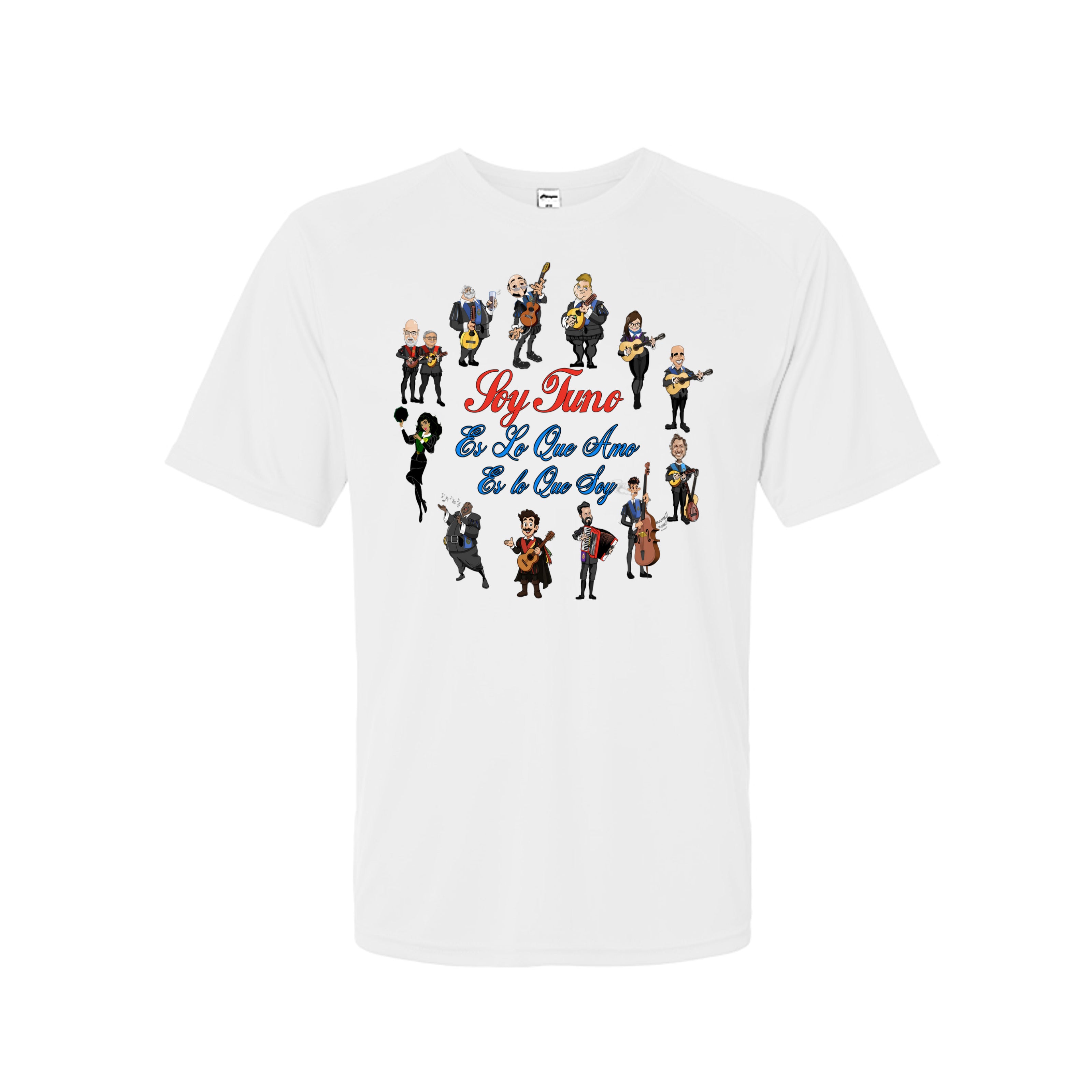 A white short-sleeve crewneck t-shirt featuring a colorful graphic print of cartoon band members playing instruments around the text 'Sky Marino Et Le Can Avoir Et Le Can Doublor' in red and blue lettering.